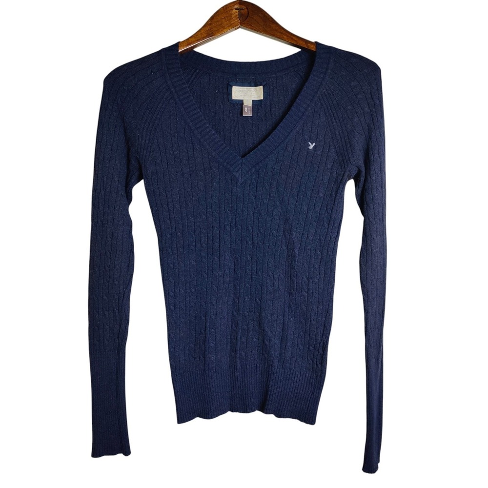 Vintage Y2K American Eagle Navy Cable Knit Sweater Angora Sz M Bella Swan Fitted